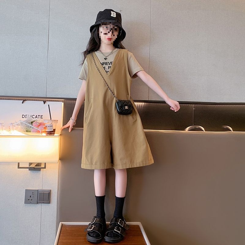 女童背带裤套装夏季2025潮儿童短袖中大童欧范字母T恤工装吊带裤