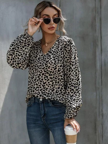 2024 Women's Wish Amazon Ebay Autumn and Winter New Puff Sleeve Leopard Print Casual V Neck Loose Long-Sleeved Top