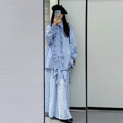 秋の女性のためのブルーデザイン長袖シャツ新しいルーズレイジーレーススプライシングシャツ韓国トップ
