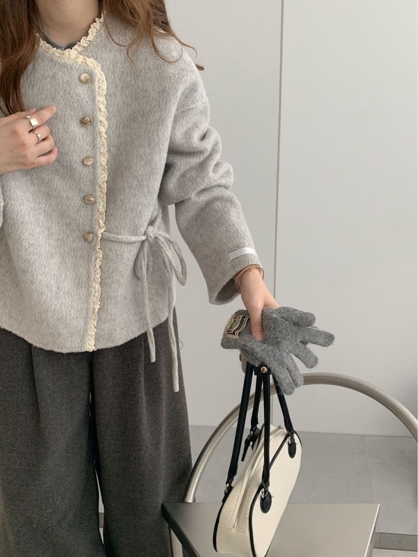 小香风双面羊绒大衣女短2025新蕾丝花边排减龄毛呢外套|undefined