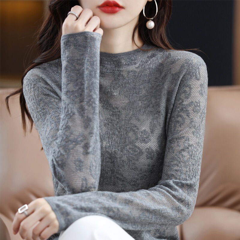 Early Spring New Hollow Wool Sweater Women's Mock High Neck Solid Color Korean Lace Base Shirt Cashmere Knitted Long Sleeve Sweater