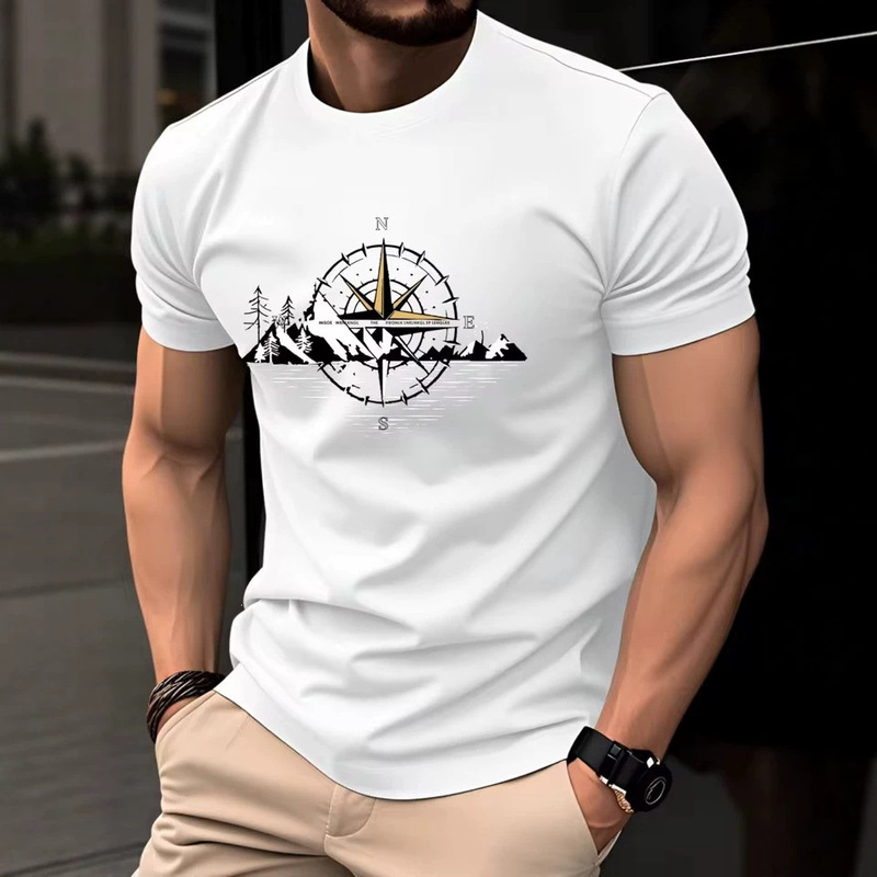 Men's summer short-sleeve t-shirt with vintage compass pattern design, stylish and elegant, breathable round-neck top for men