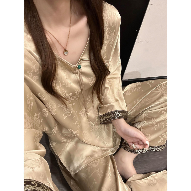 高级轻奢风新中式印花缎面冰丝睡衣女春秋款2025新款家居服套装夏|undefined