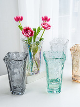 创意新款欧式加厚方形玻璃冷纹彩色花瓶波浪口家装饰餐厅花瓶玻璃