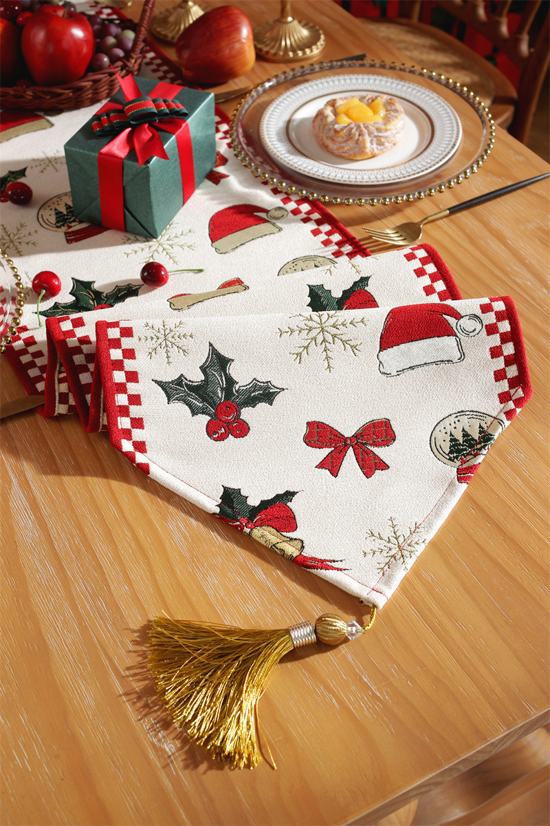 Drapeau de table de noël en jacquard teint en fil, flocon de neige, chapeau de noël, nappe à pampilles, décoration, couverture de drapeau de chevet_voghion.com