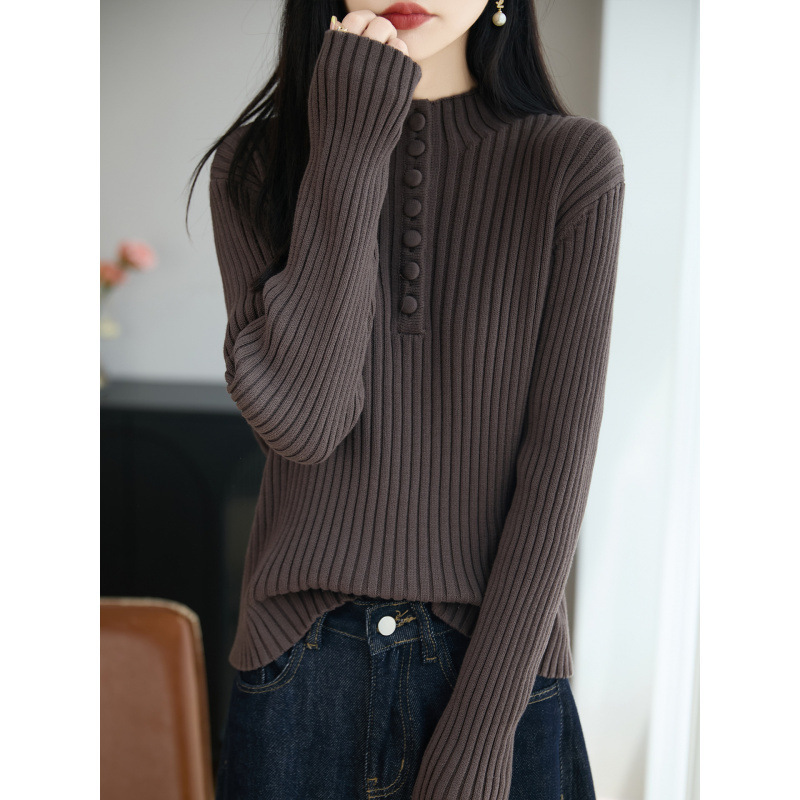 2026 Autumn/Winter New Pure Cotton Half-Turtleneck Half-Open Knit Long Sleeve Slim Fit Ribbed Base Shirt for Women 2026 Autumn/Winter New Pure Cotton Half-Turtleneck Half-Open Knit Long Sleeve Slim Fit Ribbed Base Shirt for Women