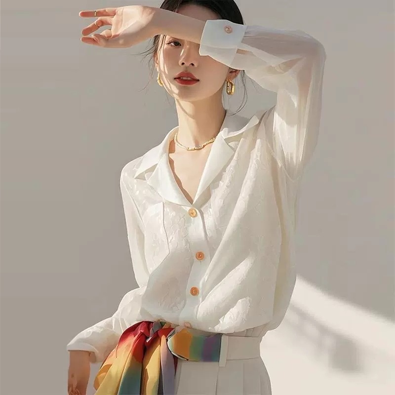 European design jacquard white long sleeve shirt women's spring new unique beautiful top dress commuter shirt