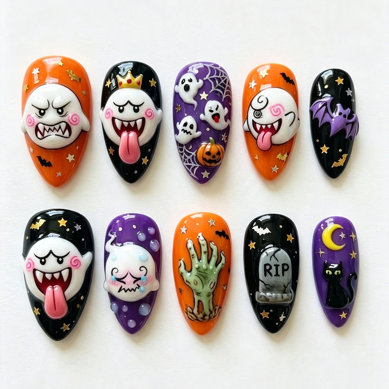 Halloween nail art, wearable nails, personalized quirky nails, little ghost, skull, pumpkin, clown nails Halloween nail art, wearable nails, personalized quirky nails, little ghost, skull, pumpkin, clown nails