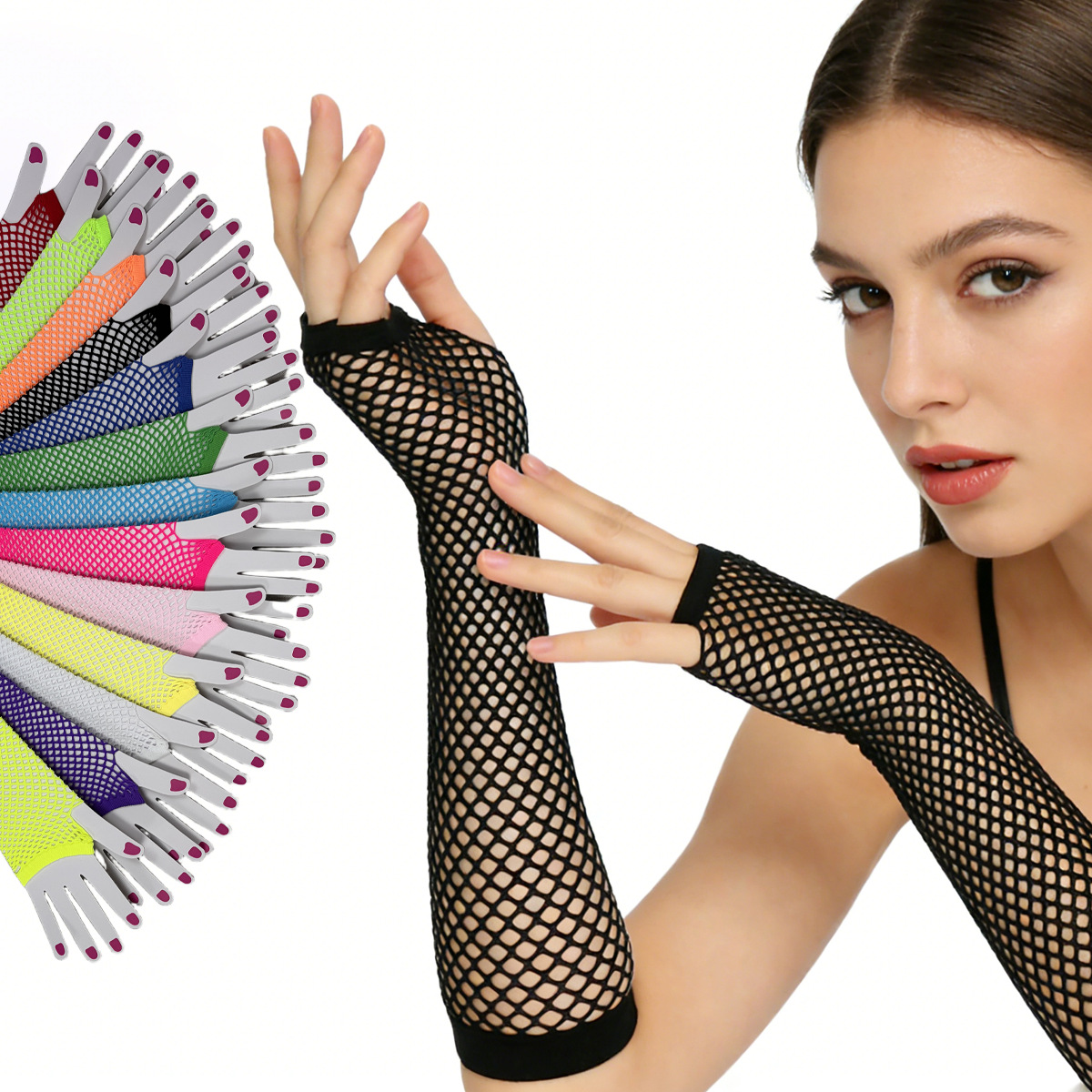Guantes Largos de Red sin Dedos de Poliéster, Decorativos y Transpirables para Fiestas y Clubes Nocturnos