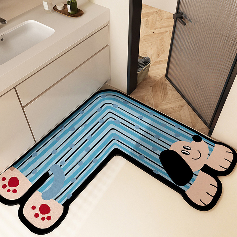 Blue Puppy L-Shaped Corner Bathroom Floor Mat Bathroom Diatom Mud Absorbent Foot Mat Toilet Door Non-Slip Floor Mat