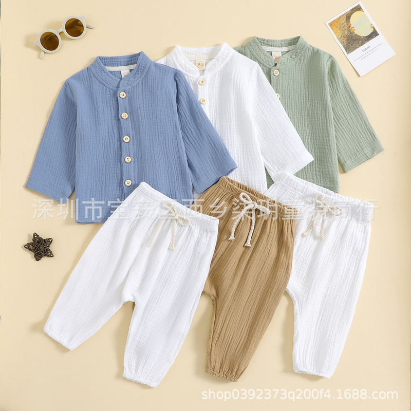 Amazon cross-border hot sale boys and girls Morandi color front strap two-piece baby cotton shirt long sleeve pants