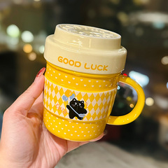 かわいいアニメ黒猫マグカップ蓋付き家庭用陶磁器朝食カップ学生寮用牛乳カップお土産