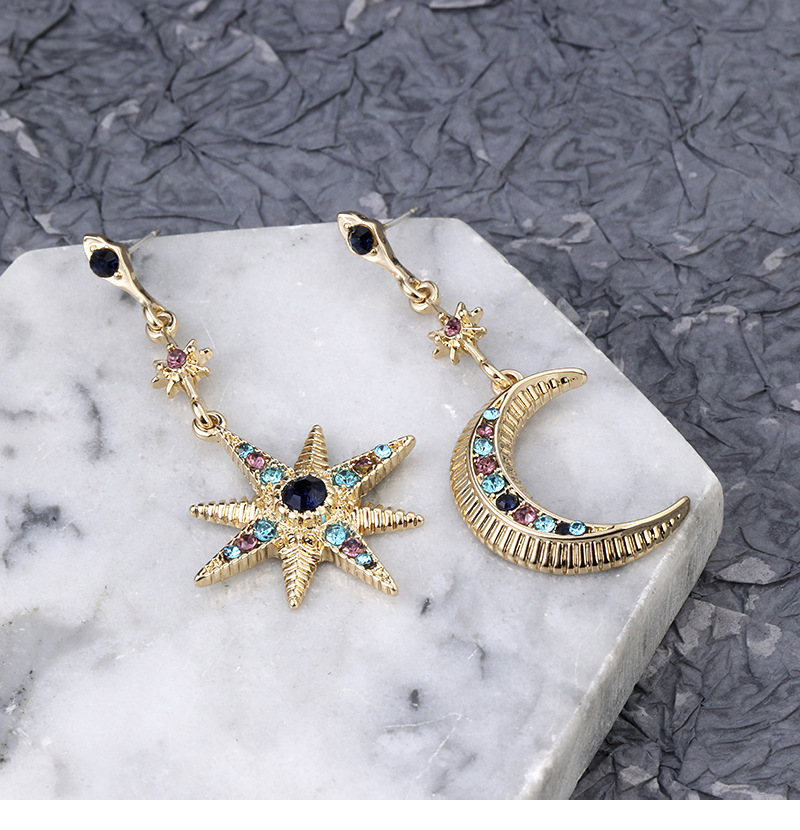 1 Pair Vintage Style Star Moon Inlay Alloy Artificial Gemstones Drop Earrings display picture 2