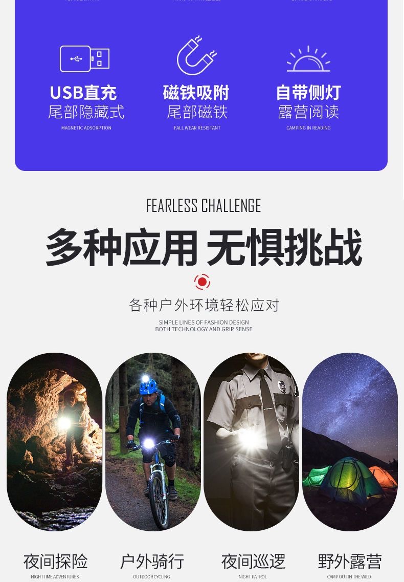 Mini Small Flashlight Strong Light Long-Range Searchlight Rechargeable Household Cob Telescopic Focus Magnetic Work Light