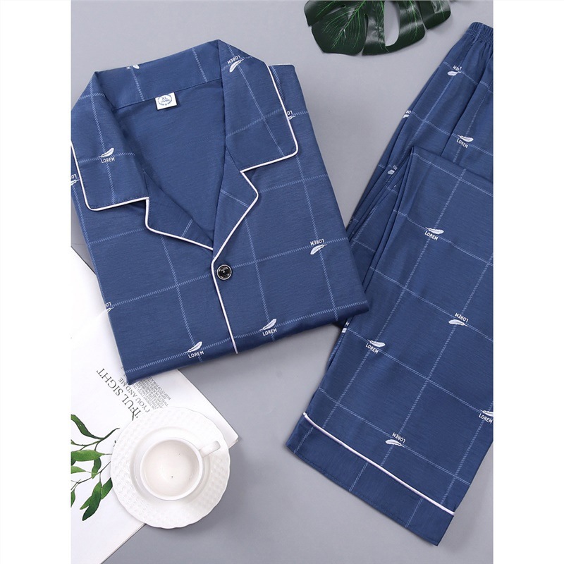 100% pijamas de algodón de manga larga de los hombres sueltos más tamaño aguja pequeño collar inverso joven y de mediana edad de primavera y otoño ropa de casa manga corta tejida