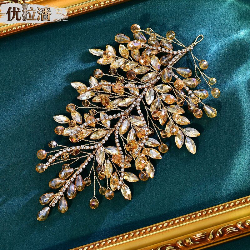 Yolapan Champagne Gold Sparkling Diamond Bridal Hair Accessory European and American Cross-Border Updo Hairpiece Dance Costume Hairpiece HP1002 Yolapan Champagne Gold Sparkling Diamond Bridal Hair Accessory European and American Cross-Border Updo Hairpiece Dance Costume Hairpiece HP1002