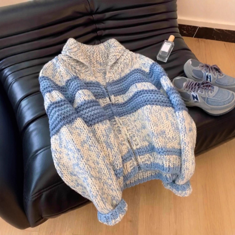 Korean Style Lazy Style Beautiful Blue Stripesd Lapel Thick Knitted Sweater Jacket Autumn and Winter Women's New Fashion Top Trend