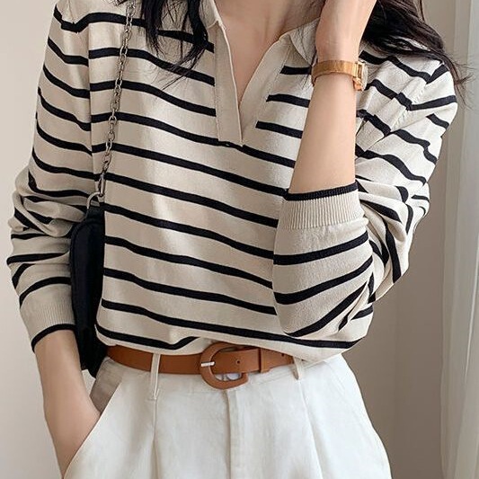 V-Neck Striped Knit Base Shirt Polo Long-Sleeve T-Shirt for Women, New Spring and Autumn Loose Commuting Versatile Outerwear Top Trendy V-Neck Striped Knit Base Shirt Polo Long-Sleeve T-Shirt for Women, New Spring and Autumn Loose Commuting Versatile Outerwear Top Trendy