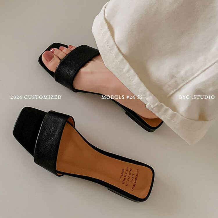 Sliding Slippers Women's Slippers Summer New First-Layer Cowhide Square Toe Open-Toe Flat-Heel Outer-Wearing Women's Slippers