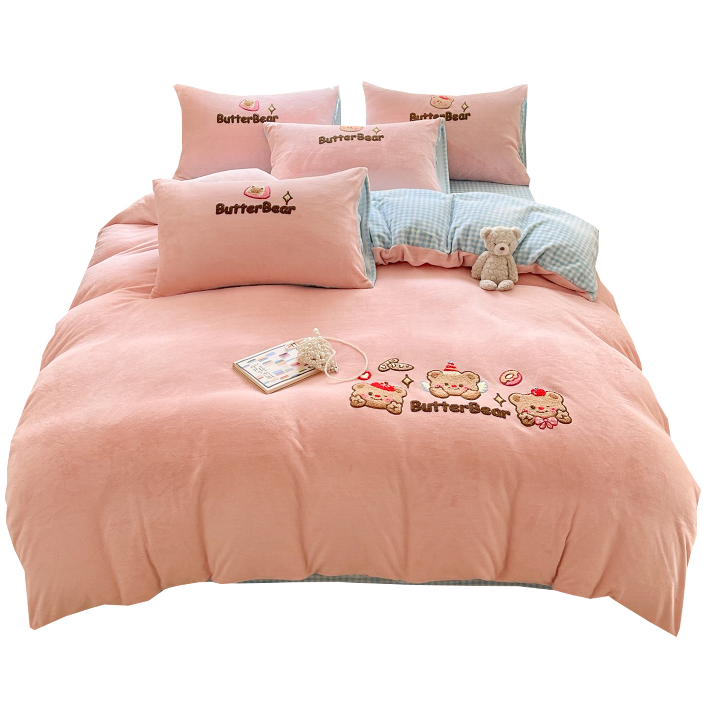 Invierno de doble cara engrosado leche cama de peluche cuatro piezas más cama de peluche cubierta sábanas de franela de coral