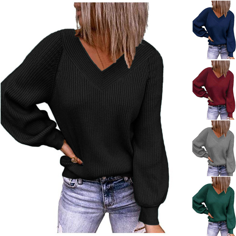 Long-sleeved sweater jacket 2021 European and autumn and winter new ladies autumn and winter solid color loose V-neck jacket top