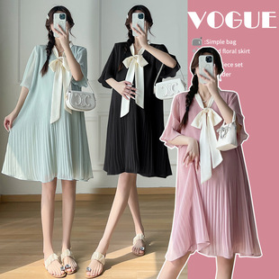 Maternity Wear 2025 Summer New Sweet and Fashionable Large Size Elegant Bow Button Pleated Maternity Dress