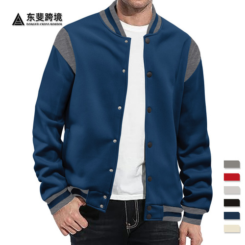 2025 TEMU Casual Fashionable European & American Trendy Brushed Fabric Cardigan with Patchwork and Tie-Back Design, Inspired by Baseball Style