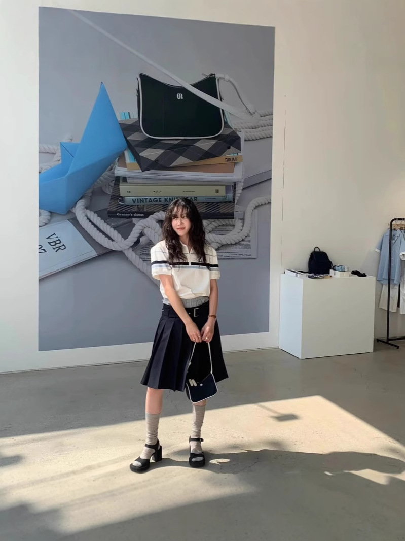 スポット韓国東大門サマーグローブラペルハーフジップコントラストカラーストライプ半袖ポロシャツTシャツレディーススリムフィット