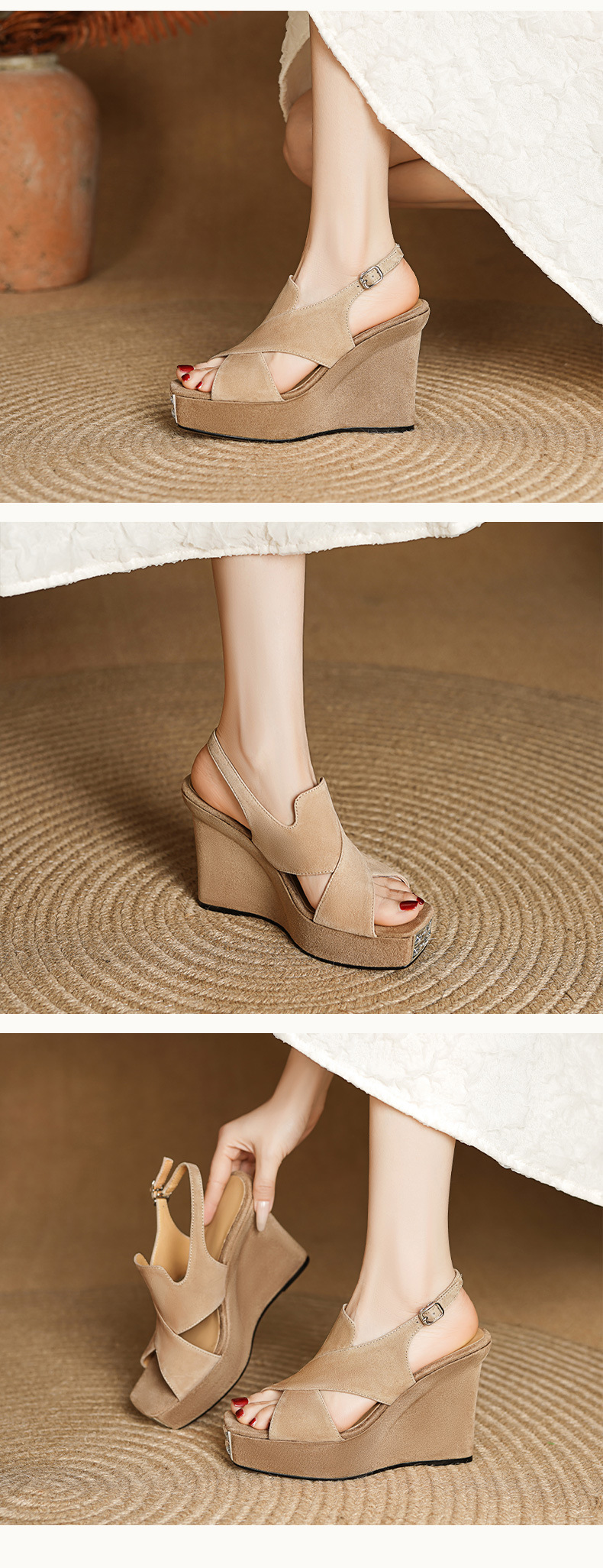 Sandal cao gót nữ hở mũi đế xuồng 10cm da lộn quai miệng cá — Màu đen chi tiết 5