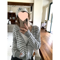 条纹连帽长袖针织衫外套女2025秋季新款韩系显瘦短款开衫上衣chic