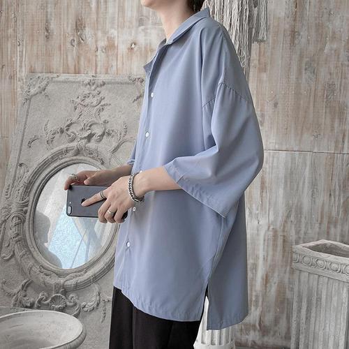 Front-Opening Collar Suit Shirt for Men, Korean Style Trendy Loose Seven-Sleeve Top, Hong Kong Style Thin Short Sleeve Blouse, Cool and Suave Short Sleeve Shirt