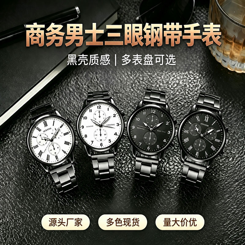 Amazon's best-selling steel-band, faux-triple-eye watch, wholesale fashion, elegant, and business-style quartz watch, high-end men's watch Amazon's best-selling steel-band, faux-triple-eye watch, wholesale fashion, elegant, and business-style quartz watch, high-end men's watch