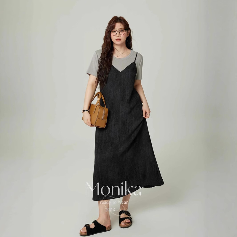 51175# plus size Women's Fake Two-piece Short-sleeved dress Fat MM Loose Round Neck Summer Simple Casual Skirt