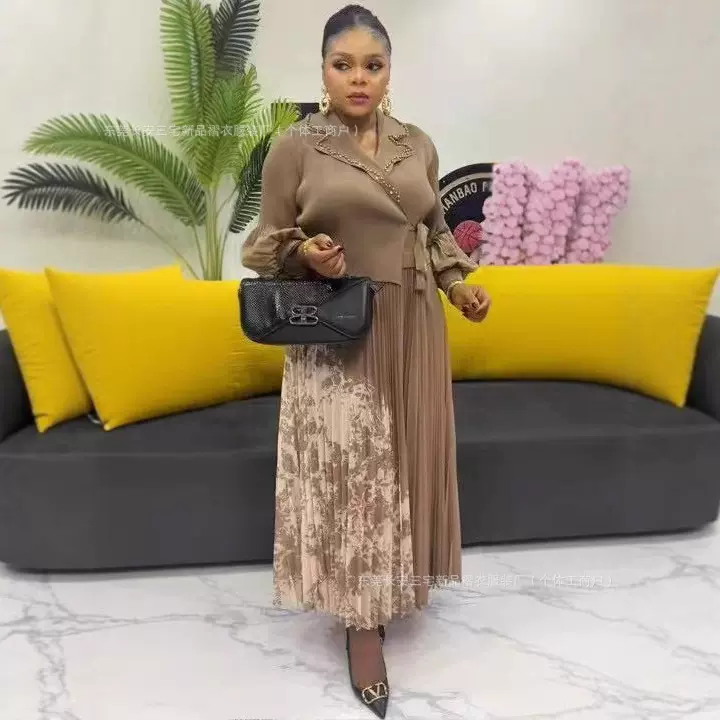非洲跨境三宅优雅褶皱印花长袖大码连衣裙西装领重工钉珠厂家直销