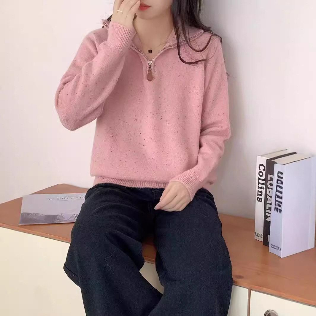 计感polo领米色针织衫女装2024秋冬季新款半拉链宽松套头毛衣女衫