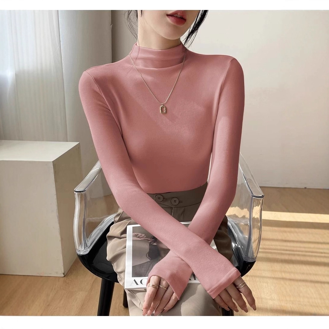 Otoño y invierno rosa de medio cuello de terciopelo universal camiseta de base coreana de mujer con camiseta de manga larga de terciopelo de doble cara gruesa