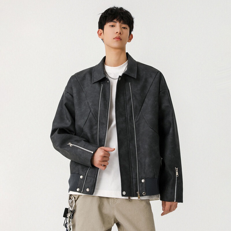 Spring and Autumn Maillard Pu Leather Motorcycle Jacket Men's American Retro Pilot Workwear Lapel Handsome Jacket Spring and Autumn Maillard Pu Leather Motorcycle Jacket Men's American Retro Pilot Workwear Lapel Handsome Jacket