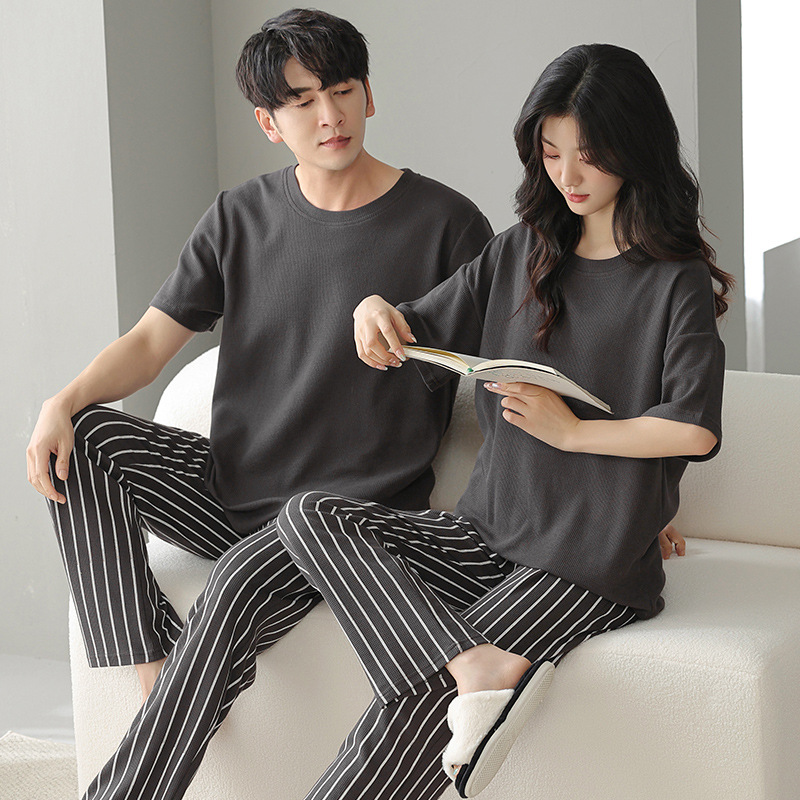 남성과 여성을 위한 커플 잠옷 봄과 여름 와플 순면 반팔 바지 캐주얼 여름 간단한 홈웨어 세트