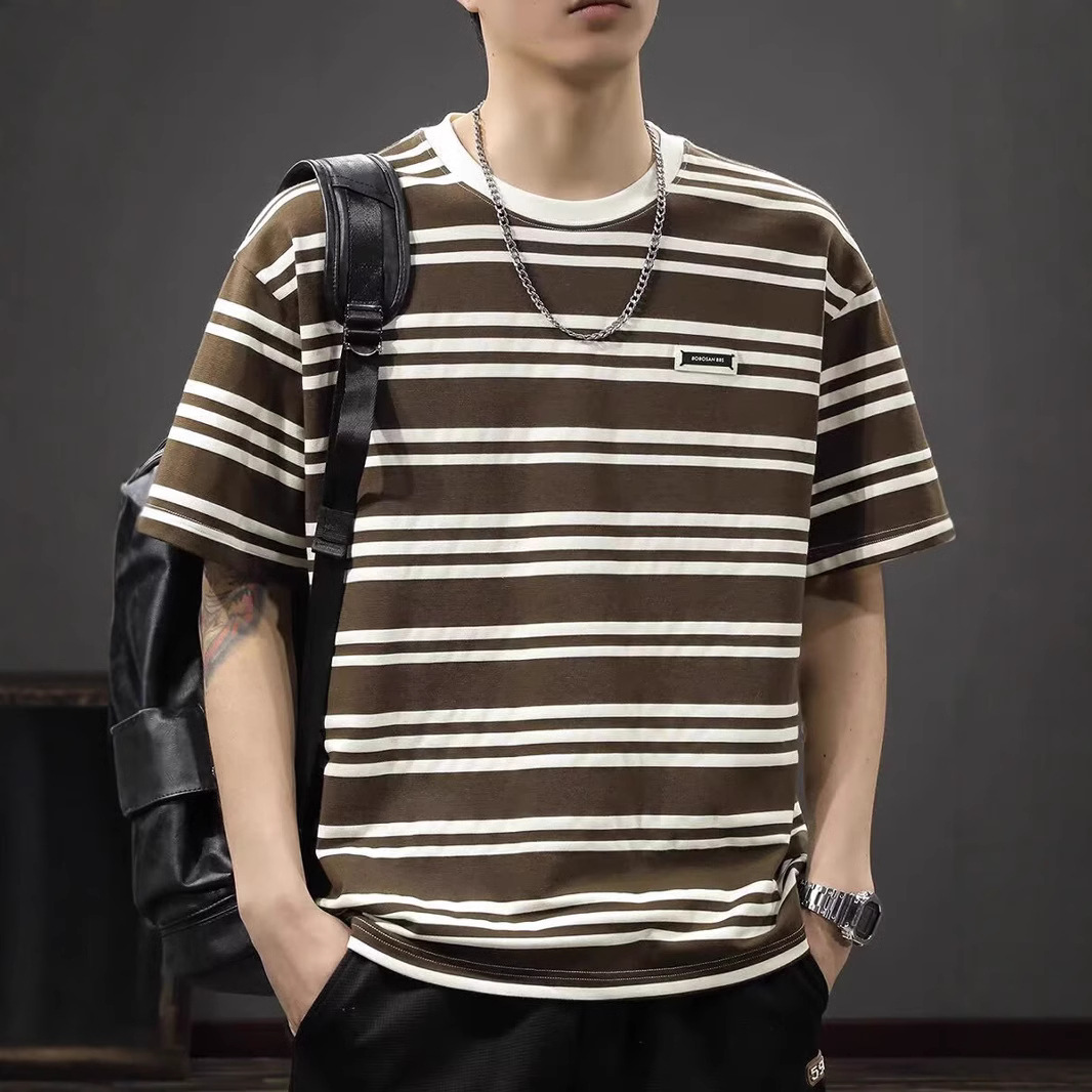 American Summer New Arrival 2025 Korean Striped Trendy Brand Ins Trendy Loose Casual All-Match T-Shirt Men's Hot Style