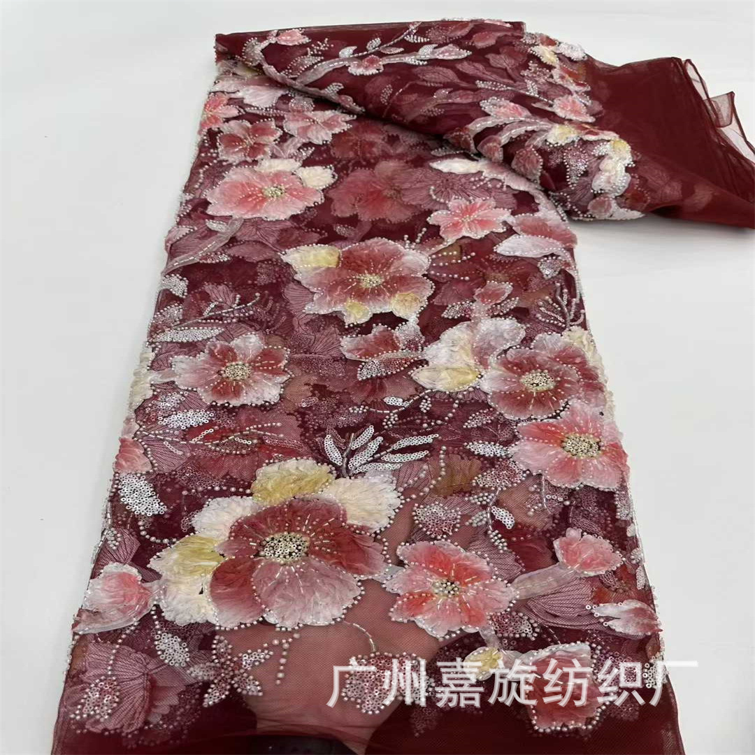 Comercio exterior impresión láser decal tridimensional tela de malla tubo de perlas sequin bordado vestido vestido de mujer tela bordada