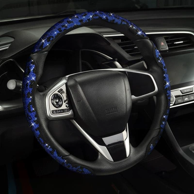 Leopard print diamond-studded crystal car steering Steering wheel cover - blue-and-black-python-pattern-3-pack-38cm