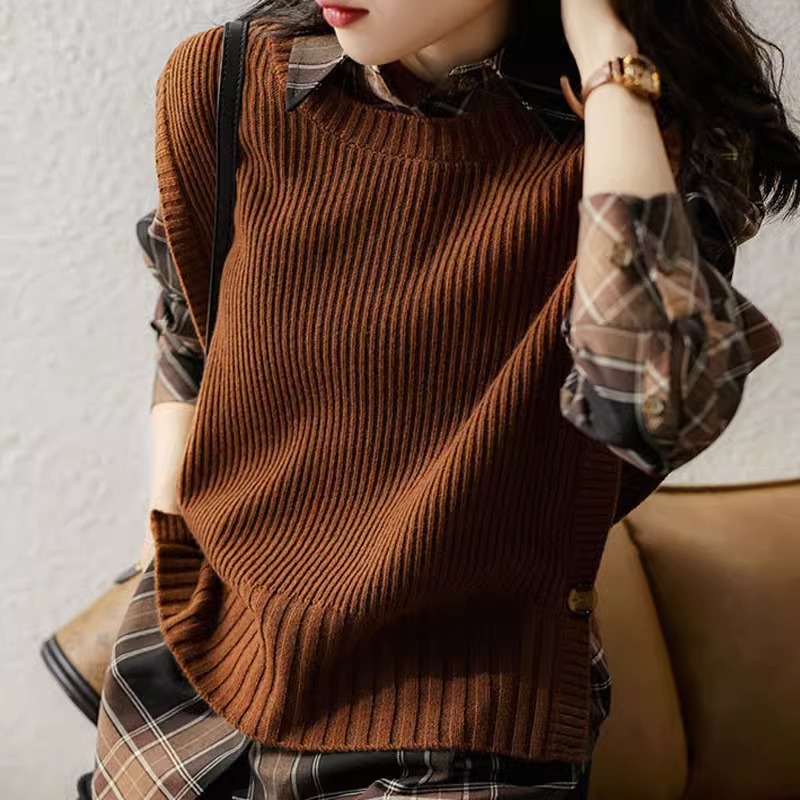 Estilo francés pit suéter Chaleco de las mujeres del otoño y el invierno de la moda apilados sueltos suéter exterior ocasional sin mangas chaleco