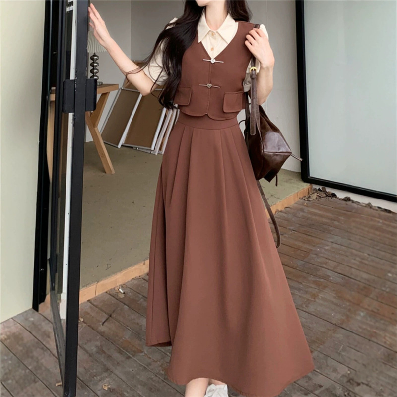Adult Ceremony Waist-Cinching Short-Sleeve Student Graduation Dress Polo Long Skirt Set Salt-Sweet Style Women's Summer Dress