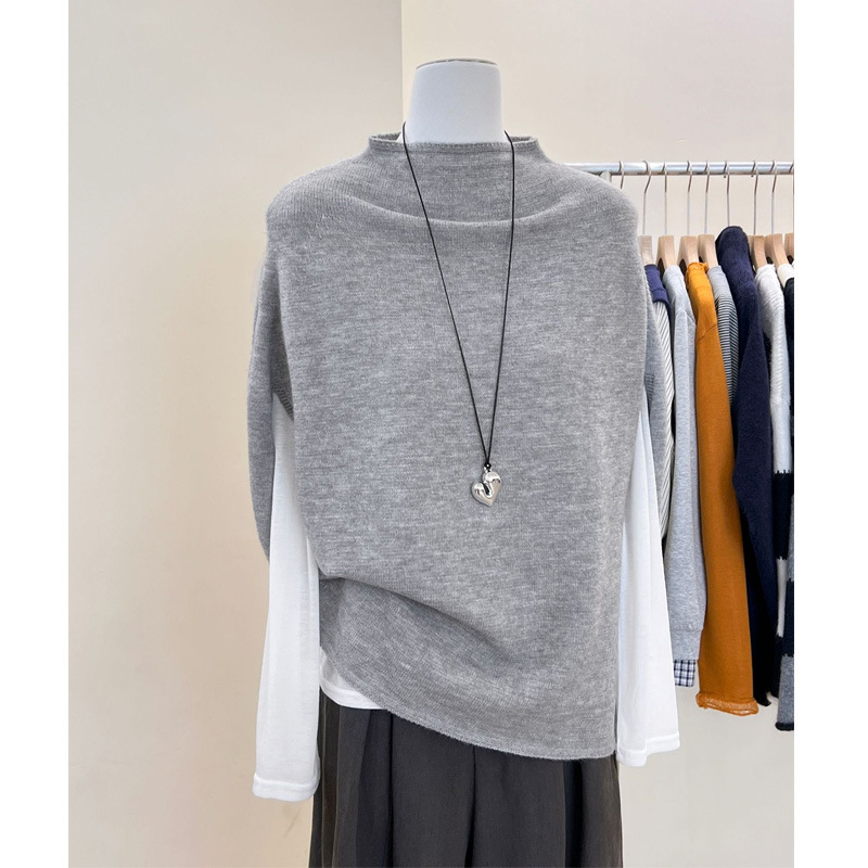 French-Style Retro Gray Half-High Collar Sleeveless Vest for Women, Early Autumn Layered Short Sweater Vest Top