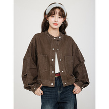 2025秋冬新款港味复古潮流个性圆领落肩短款牛仔外套夹克上衣女