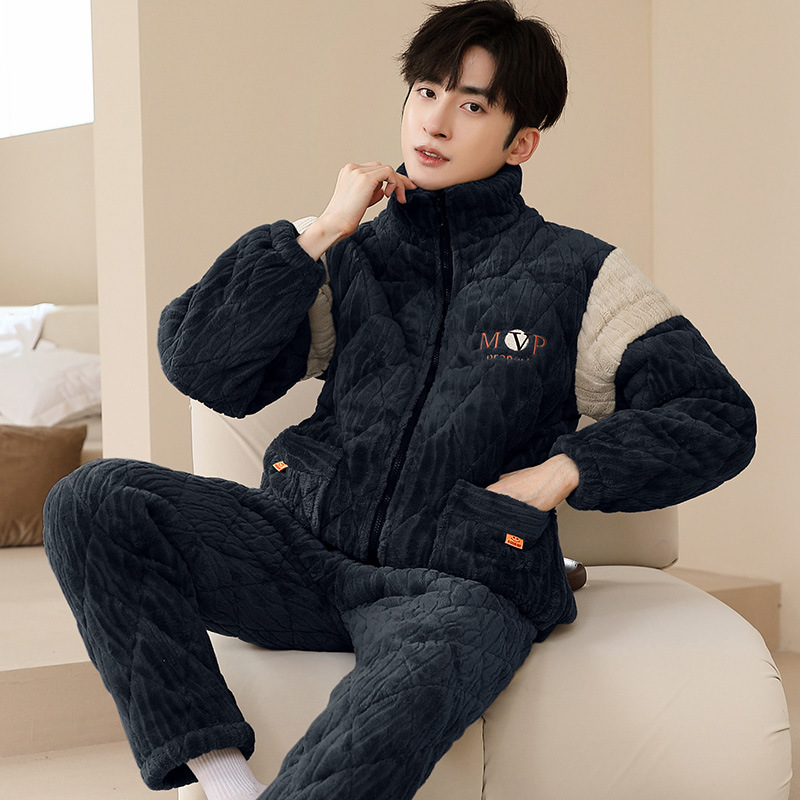(2개) 남성 잠옷 겨울 새 산호 벨벳 3 층 퀼트 두꺼운 플러스 벨벳 따뜻한 겨울 초대형 겉옷 집에서 입는 옷