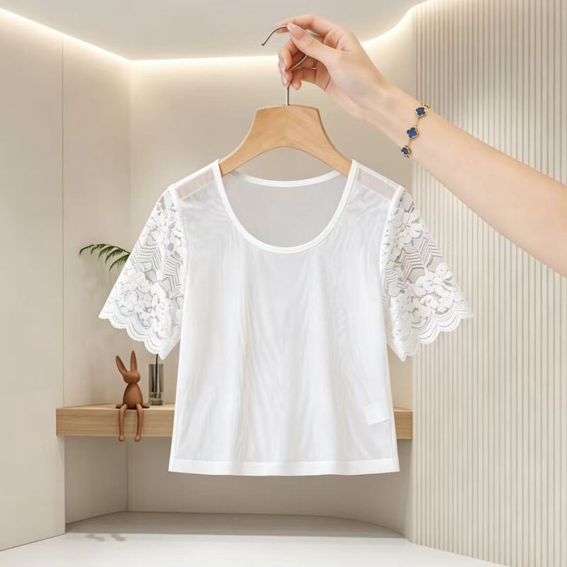 White Round-Neck Mesh Lace Blouse for Women, Short Style, Lightweight, Slightly See-Through, Short-Sleeved, Suitable as a Base Layer or Paired with a Camisole, Slimming, Sun-Protective Top White Round-Neck Mesh Lace Blouse for Women, Short Style, Lightweight, Slightly See-Through, Short-Sleeved, Suitable as a Base Layer or Paired with a Camisole, Slimming, Sun-Protective Top