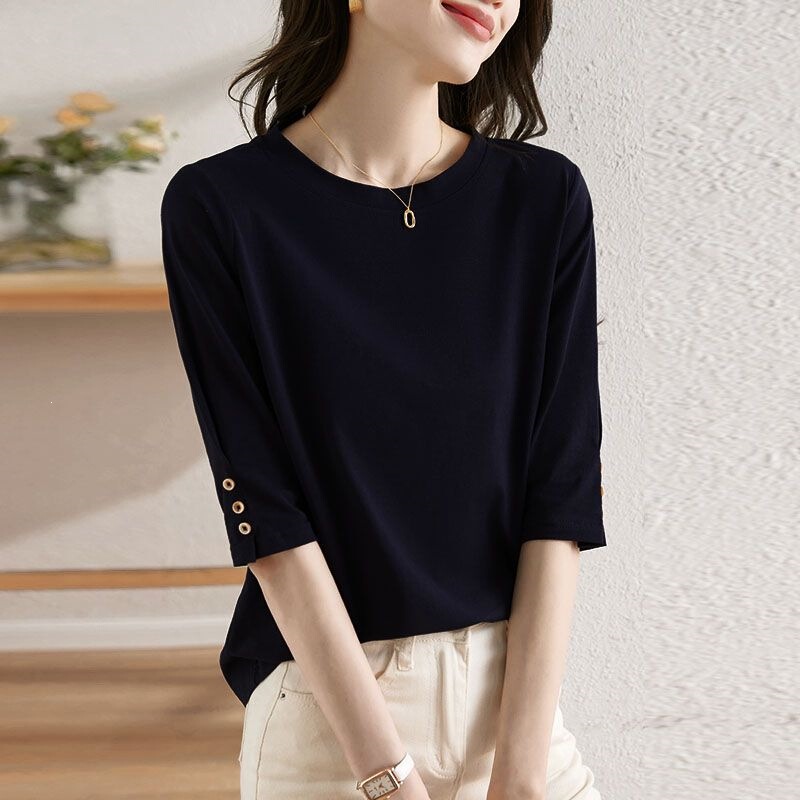 Button Casual Design Mid-Sleeve Top for Women, Spring New Fashion Slim-Fit Versatile Round-Neck Five-Point T-Shirt Button Casual Design Mid-Sleeve Top for Women, Spring New Fashion Slim-Fit Versatile Round-Neck Five-Point T-Shirt