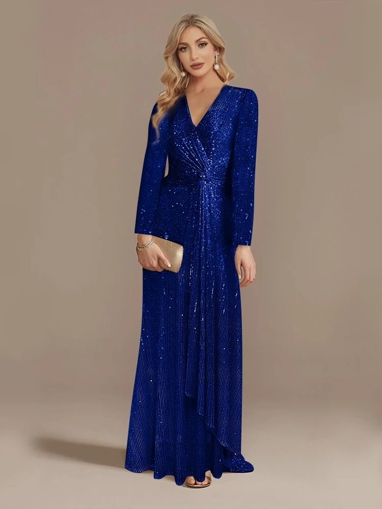 Elegantes Langarm Pailletten Abendkleid Für Damen Einfarbig_voghion.com