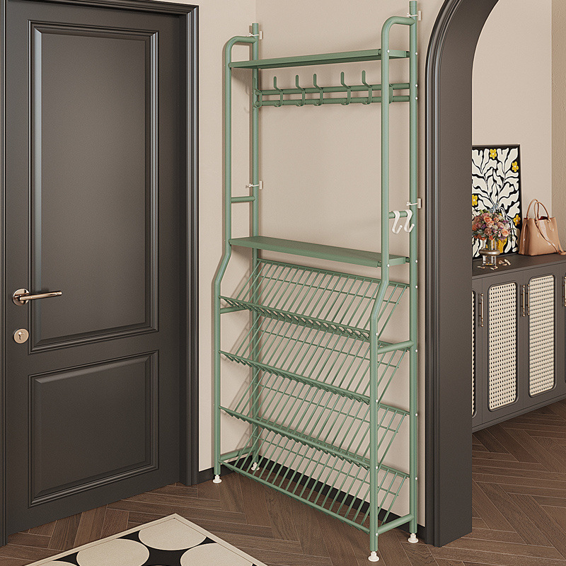Ultra-Thin Entryway Door Simple Shoe Rack and Coat Hanger Integrated Rack, All-Metal Shoe and Hat Rack, Multi-Layer Storage for Bags at the Door, for Home Use Ultra-Thin Entryway Door Simple Shoe Rack and Coat Hanger Integrated Rack, All-Metal Shoe and Hat Rack, Multi-Layer Storage for Bags at the Door, for Home Use